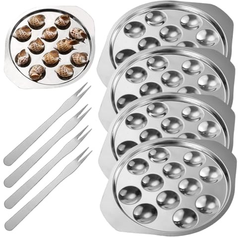 Pineeseatile Escargot Dish, 4Pcs Escargot Baking Dish, 12 Holes Stainless Steel Plate with 4 Forks for Mushroom Seafood Home Restaurant Hotel Kitchen