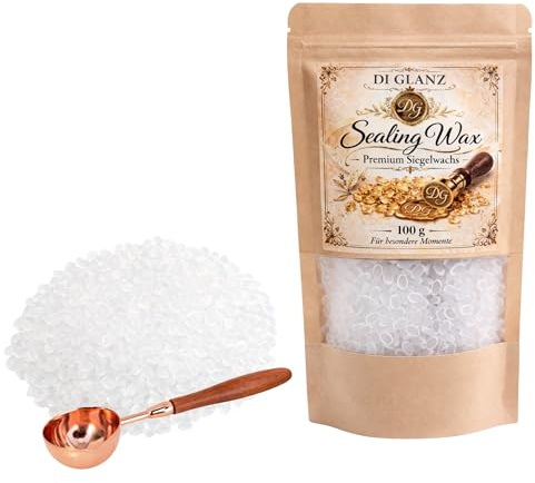 DI GLANZ Siegelwachs 100g mit Schmelzlöffel – Transparent & Perlmutt Farben – Für Wachssiegel, Hochzeit, Einladungskarten & DIY – Amber Gold, Weiß, Gelb & Mix (Transparent Weiß)
