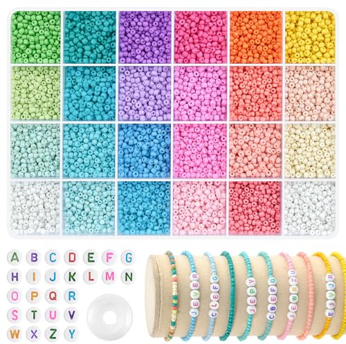 ARTREE 3mm Perlen für Armbänder Set in 24 Farben, Glasperlen zum Auffädeln für Armbänder Selber Machen, DIY Schmuck Bastelset mit bunten Buchstabenperlen, Freundschaftsarmbänder Selber Machen