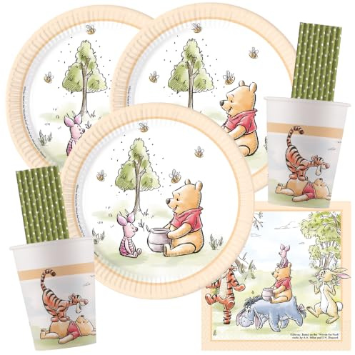 Procos Kalaspaket Winnie Pooh för 16 barn | Papptallrikar, pappersmuggar, servetter papperssugrör för barns födelsedag