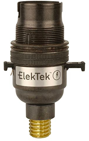 ElekTek Safety Switched Lamp Bulb Holder B22 BC Bayonet Cap & Shade Ring - 7/16th Screw Wood Mount base Bronze Made in UK - Child Safe Switch Push Bar locks OFF & cuts power if no bulb fitted