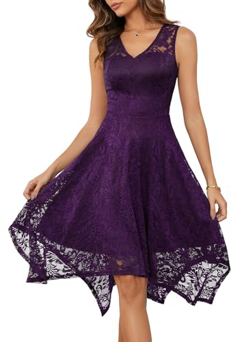 Meetjen Women's Lace Fancy Cocktail Dress for Wedding Elegant Graduation V-Neck Asymmetrical Formal Prom Dresses Grape L