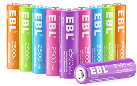 EBL AA Rechargeable Battery 10 Pack 2500mAh Ni-MH Double A Pre-Charged Rechargeable Batteries (10 Pack, 5 Colors in a Box)