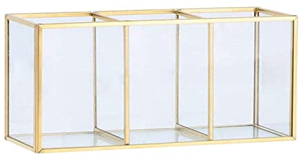 MAGIIN Gold Makeup Brush Holder 3-Compartment Glass and Brass Cosmetic Storage Organizer Vintage Make up Storage Box for Brushes Eyeliner Pen Lipstick Jewellery