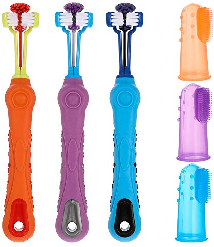 tonyg-p 3-seitige Hundezahnbürste mit Silikon Finger Zahnbürste, Haustier Zahnbürste Zusatz Mundgeruch Zahnstein Zahnpflege für kleine bis große Hunde Katzen Reinigung Mund (Orange, Lila, Blau)