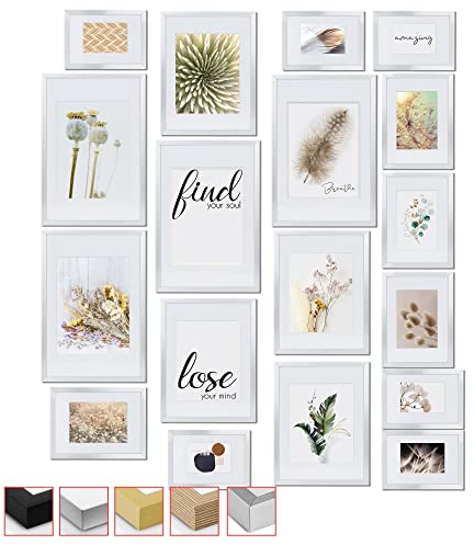 bomoe 18er Bilderrahmen Set – 6x 10x15 cm, 4x 13x18 cm, 4x 18x24 cm, 4x 20x30 cm Fotowand Bilder Set Holz & Kunststoffglas Holzbilderrahmen mit Passepartout Silber