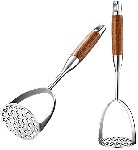 UPTALY 2 trituradoras de patatas de acero inoxidable con mango de palisandro (35cm x 8.5cm), trituradoras de ajo gruesas, trituradoras de aguacate grandes para prensar zanahoria, plátanos, frijol