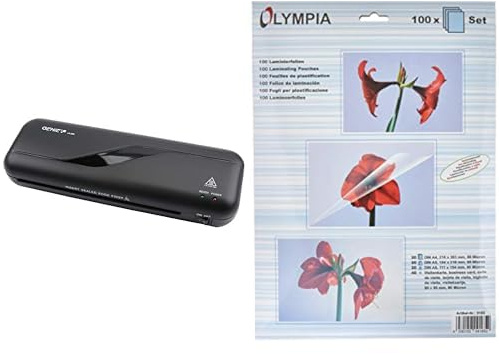 Genie LA 200 Laminiergerät inkl. Laminerfolien (geeignet bis DIN A4, für 80-125 mic Heißlamination) schwarz & Olympia Laminierfolienset DIN A4, A5, A6 und Visitenkarten, 80 Mikron, 100 Stück, 9165
