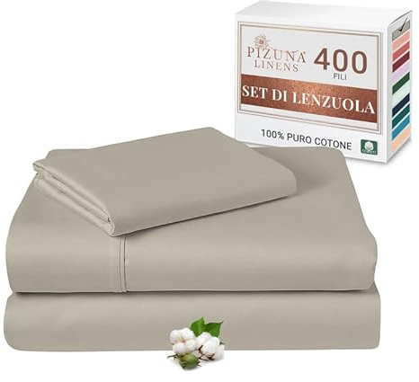 Pizuna Set Lenzuola letto singolo Cotone 90x200 cm Gris Pardo 400 fili | Set lenzuola Singolo 100% cotone a fiocco lungo, 90x200 cm, colore Gris Pardo, 400 fili - angoli, sopra, 1 federa