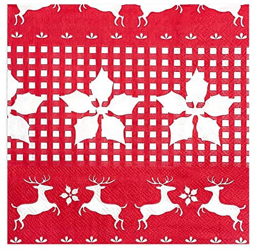 100Pcs Geburtstagsfeier Papierservietten,Niedliches Leuchtend Rot Kariertes Elchtier,2Ply Einweg-Papier-Partyservietten Servietten 33Cmx33Cm Ideal Für Decoupage-Handwerk Für Brautparty,Bild,33X