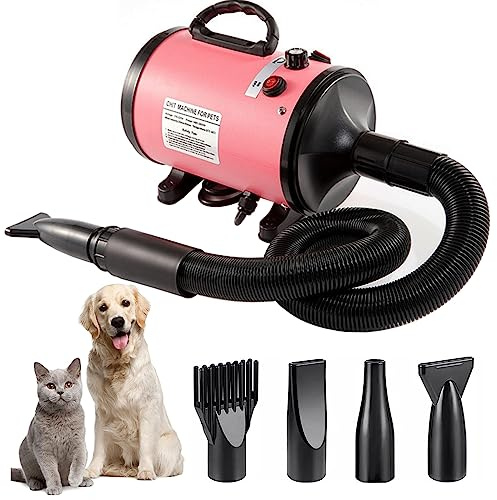 Hundefön Pet Dryer, 2800W Blower Hundefön, Hundefön sehr leise Einstellbare Geschwindigkeit und Wärme, Hundetrockner Haustier Hundepflege Haartrockner-Trockner-Gebläse mit 4 Verschiedenen Düsen (Rosa)