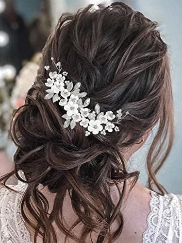 Ushiny Blumen Braut Hochzeits Stirnband silberner Kristall Braut Haarranke, Perlen Haarschmuck für Frauen und Mädchen