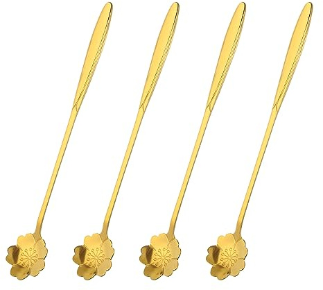 QUARKZMAN 4Stk Edelstahl Blume Löffel 7 Lang Handgriff Kirschblüte Teelöffel Eislöffel Kaffee Löffel für Cocktail Rühren Mixen Gold