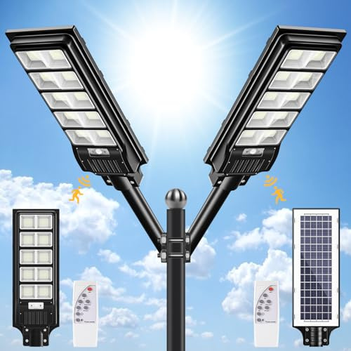 Viugreum 2 PACK 400W LED Solar Straßenlaterne mit Fernbedienung 720 LED 6500K Straßenlampe Wandleuchte mit Bewegungsmelder Sensor IP65 Wasserdicht Außen Straßenleuchte Wegeleuchte Freien