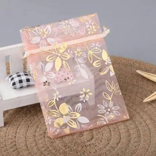 30 Stück/Lot 10 x 15 cm goldfarbene schöne Blumen Organza-Beutel mit Kordelzug – Pinky Peach