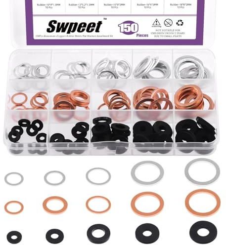 Swpeet Lot de 150 rondelles plates 3 matériaux en cuivre rouge et caoutchouc M10 M12 M14 M16 M18