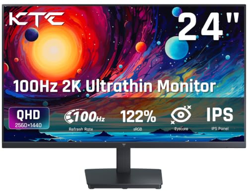 KTC 24 Inch QHD 100Hz Computer Monitor IPS 2K, 1300:1 Contrast, Anti-Blue Light Screen, 122% sRGB, FreeSync & G-Sync Compatible, HDMI2.0 & Display Port 1.4, PC Monitor for Gaming Office Work H24T27