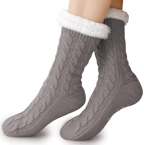 Effeet Calzini Termici Donna Antiscivolo, Calze da Casa in Pile Spesso Invernali, Calzini Pantofola Natalizi Morbidi, Regalo di Natale 36-42 Grey