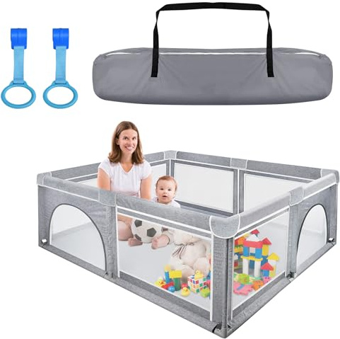 YUENFONG Laufstall Laufgitter Baby Absperrgitter, XL Kleinkinder Sicherheitsspielplatz, Schutzgitter Krabbelgitter für Kinder, mit Rutschfester Basis atmungsaktivem Netz, Dunkelgrau, 150x180x68cm