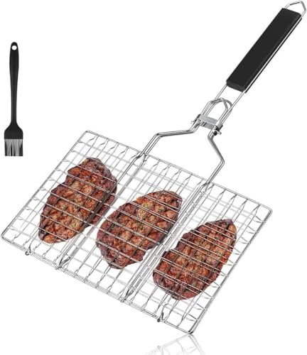 Fish Grilling Basket - Foldable Nonstick BBQ Grilling Basket Roast BBQ Barbecue Food Holder with Wood handle Grill Accessories for Outdoor Grill,Grilling Gifts for Men,Fish Grill Basket