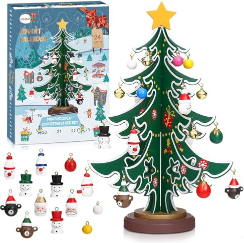 LIHAO Advent Calendar 2025 Christmas 24 Days Countdown Advent Calendar Wooden Christmas Tree with Miniature Ornaments Tabletop DIY Mini Tree for Xmas Desk Decoration or Gift