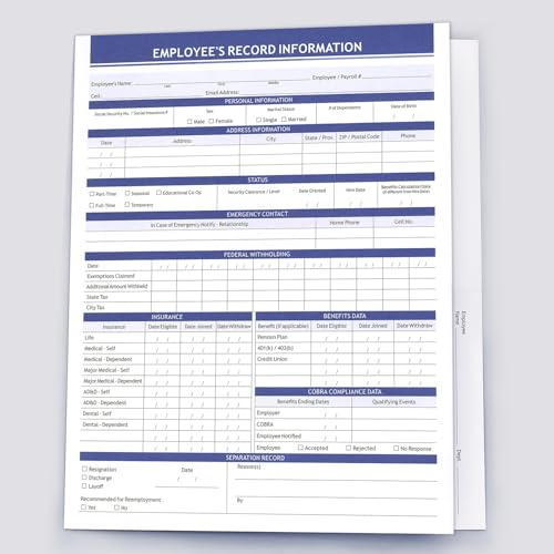 Registreringsmappar för anställda, säker, stor kapacitet och hållbar information för anställda, förtryckt 25-pack (blå)