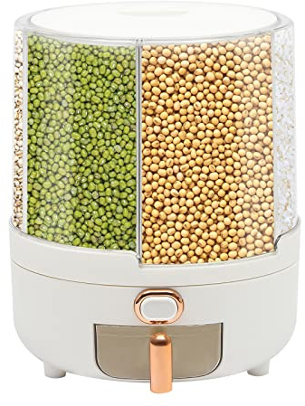 Unnsiapit Rice Dispenser, 6 Grid 360° Rotating Cereal Dispenser Rice Container Holder with Lid, Grain Storage Organizer for Kitchen Countertop Dry Food, White, 14.3lbs