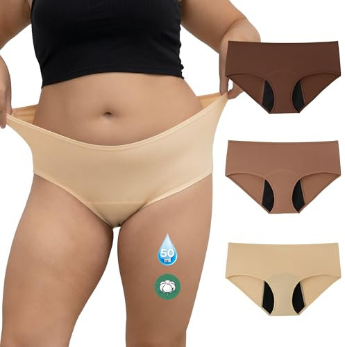 INNERSY Slip Mestruali Donna Taglie Forti Mutande Ciclo Mestruale Post Parto Incontinenza Pacco da 3 (4XL, caffè, Beige, Marrone)