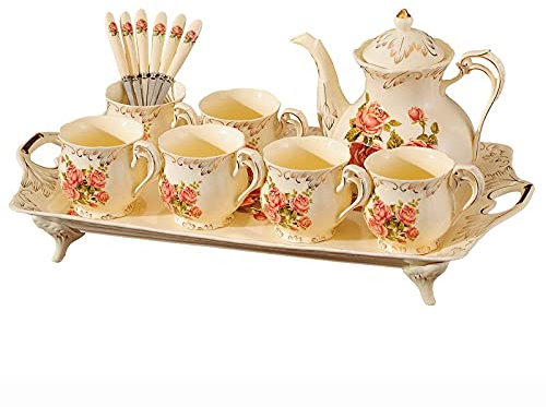 CQIKRWGWS Service à thé en Porcelaine Service à thé en céramique Blanche Britannique pour Adultes, 1 théière, Lot de 6 Tasses à café et cuillères avec Plateau