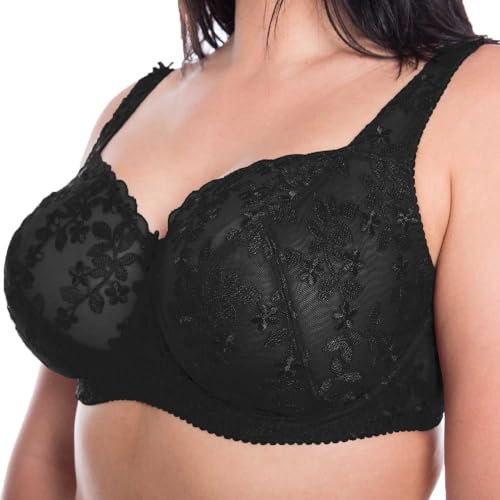 Gemm Ladies Black Embroidered Large Bosom Lace Underwired Firm Bra Plus Size Cup (40J, Black)