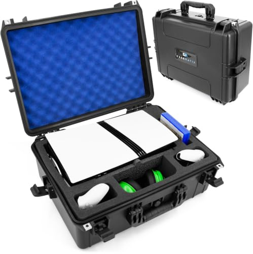 CASEMATIX Travel Case Compatible with PlayStation 5 & PS5 Disc Drive - Hard Shell Waterproof Case with Custom Foam for Console, Controllers, Stand, Headset, Games and PS5 Accessories
