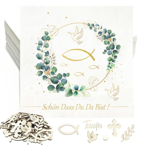 32 Kommunion Servietten Eukalyptus Fishe und 60 Taufe Deko Fisch Holz Streudeko,Schön dass Du da bist Servietten Konfirmation Holzfische für Taufdeko Junge Mädchen Tischdeko Erstkommunion Deko Set