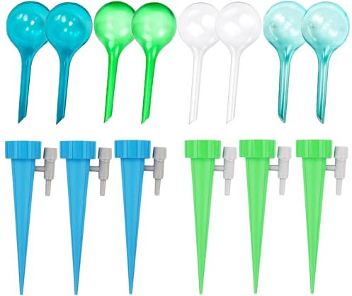 TUBAWD 14PCS Plant Feeders Drip Water, Plant Watering Devices, Self Watering Plant Spikes Plant Watering Globes Aqua Ball Drip Feeders Outdoor Plants Green Transparent Watering for Planters