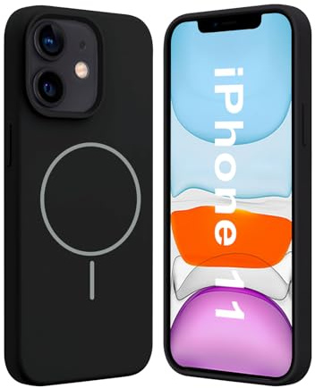 Handyhülle für iPhone 11 Hülle Magnetische Flüssige Silikonhülle Kompatibel mit Mag-Safe Zubehör, Schutzhülle, Stoßfest, Schlank Weiche Mikrofaser-Auskleidung für iPhone 11 Smartphone (Schwarz)
