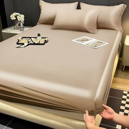 Gezu Sábana Bajera 160 x 200 cm, Satén Oro Seda Satinada Brillante, Lisa y Cómoda, Transpirable, Suave, Microfibra, Sábana Ajustada 160x200, Sábana para Boxspring con Topper, Compatible con Colchones