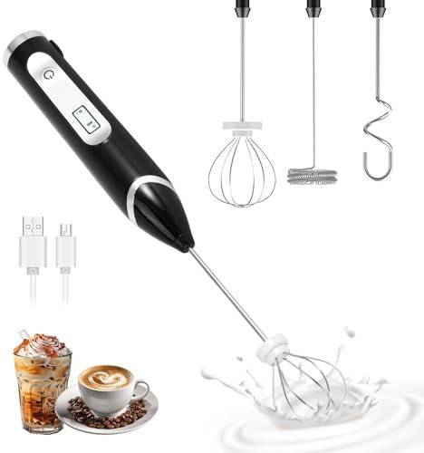 Espumador De Leche Eléctrico Recargable Por USB, Batidor De Mano De Acero Inoxidable Con Pantalla LED, 3 Velocidades, Resistente Al Agua, Incluye 3 Varillas Para Café, Latte, Capuchino Y Batir Huevos