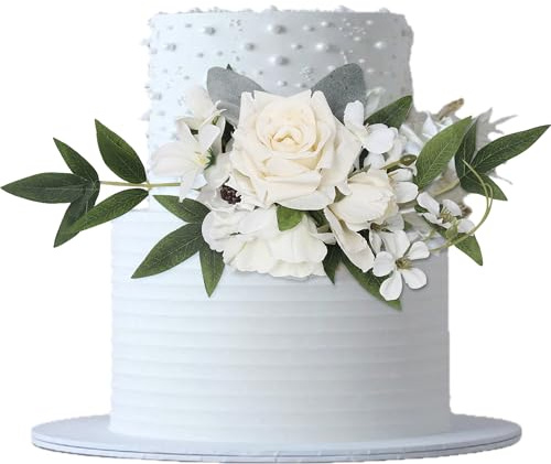 Xsstarmi 1 Pack Assembled Artificial Flowers Cake Topper Decoration Artificial Leaves Fake Flowers White Rose Cake Pick for Wedding Birthday Valentine's Day Party DIY Cake Decorations Supplies
