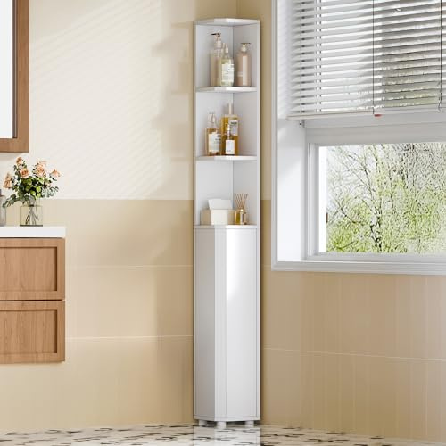 Hzuaneri Corner Cabinet, Tall Bathroom Corner Cabinet with Doors, Narrow Storage Cabinets with Adjustable Shelves, Bathroom Organizers and Storage for Small Space, White BC30003X