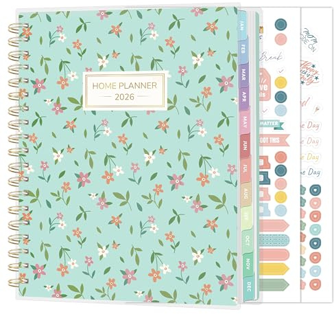 SUNEE Home Planner 2026, Work from Home Planner w/Stickers, JAN 2026 - DEC 2026, Monthly Budget Planner, Checklists for Routines and Goals, Weekly Calendar, Ideal for Gift, Poly Laminated Cover,Floral