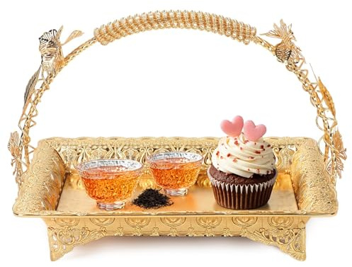 AZMUDE Gold Serving Tray with Handles, Coffee Serving Tray Vintage Style Elegant Metal Serving TraySturdy Zinc Alloy Carved Beautiful Patterns Gold Color for Home Bar Cafe 30 x 20.5cm
