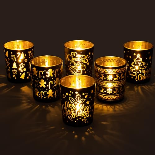 Romcanmy Photophore Noël pour Decoration Noël Table, Lot de 6 Photophore Verre pour Bougies Chauffe Plat AVCE Sapin Rennes Flocon de Neige, Doré Noir Bougeoir Noel Table pour Fête Interieur Maison