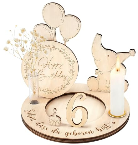 Geburtstagsteller Holz Geburtstagskranz mit Gravur, Kerzenhalter, Vase & Zahlen 0-9 - Personalisierte Geburtstagsdeko als Geschenk für Kinder, Jubiläum, Babygeburtstag - geburtstagsteller Dekoration