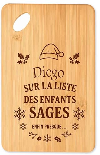 Planche à découper Diego Liste des enfants sages - Plateau Apéro en Bambou Cadeau Noël Gravé Collègue Cuisine Barbecue