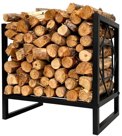 Crevyteg Étagère à bois de chauffage pour intérieur et extérieur - En métal - Aide à l'empilage pour le rangement du bois de chauffage - 44 x 30 x 40 cm - Pour cheminée et four - En acier - Noir