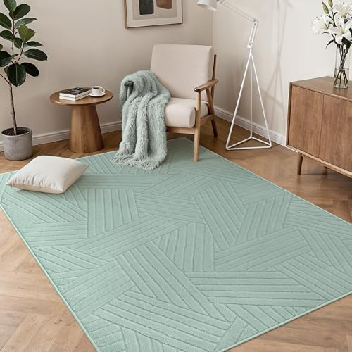 BEIMO Soft Washable Rug 120x160 cm, Low Pile Area Rug Non Slip Carpet Living Room Bedroom Kitchen Dining, Bohemia Pure Sage Green Lines
