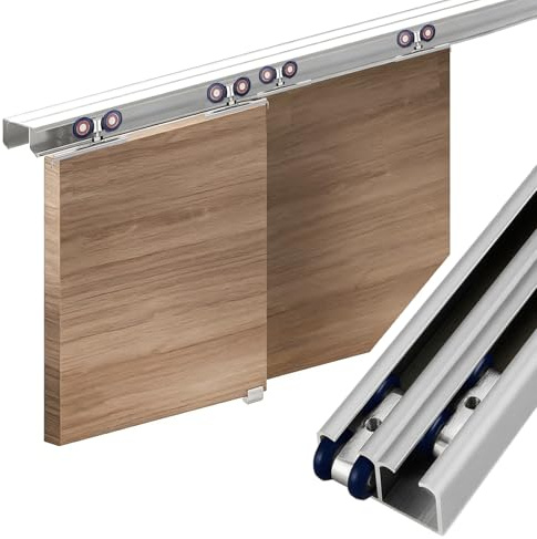 Binario per Porta Scorrevole Sistema di Binari per Porte Scorrevoli a 2 Ante, Set di Ferramenta per Porte Scorrevoli a Scomparsa Robuste e Portanti con 4 Guide in Nylon, Bypass(Silver,200cm/78.7)