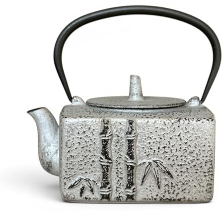 SO SKIN IDASY Théière en fonte 800ml – théière japonaise design bambou vert ou argent, teapot cast iron avec filtre inox, intérieur emaillé, service à thé zen, idée cadeau décoration (Argent)