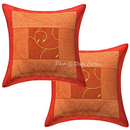 Stylo Culture Ethnico Fundas De Cojines Decorativos 40x40 cm Polydupion Floral Fundas Almohadones Cama Naranja 16x16 Inch Brocado Bordado Cuadrado sobre Fundas para Los Cojines del Sofa - 2 Pcs