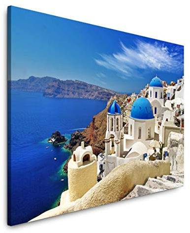 Paul Sinus Art Santorini Stadt Landschaft 100 x 70 cm Inspirierende Fotokunst in Museums-Qualität für Ihr Zuhause als Wandbild auf Leinwand in