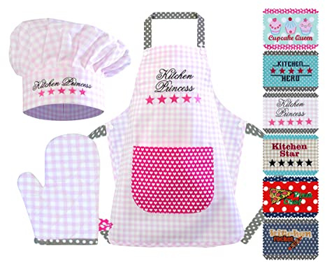 Emily´s Check Kochmütze + Küchenschürze + Topfhandschuh für Kinder - 3teiliges Set 1428.2002,